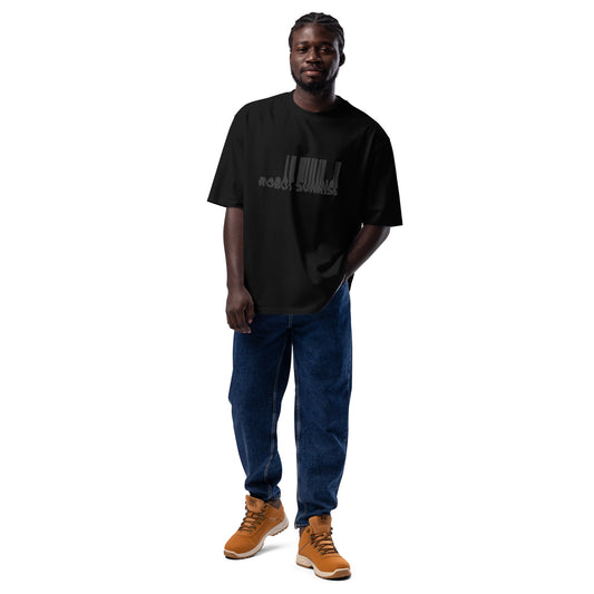 Super-Oversized Heavyweight T-Shirt, Black on Black Robot Sunrise Logo