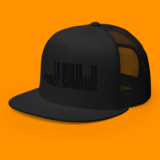 Trucker Cap, Black on Black Robot Sunrise Logo, 3D Puff