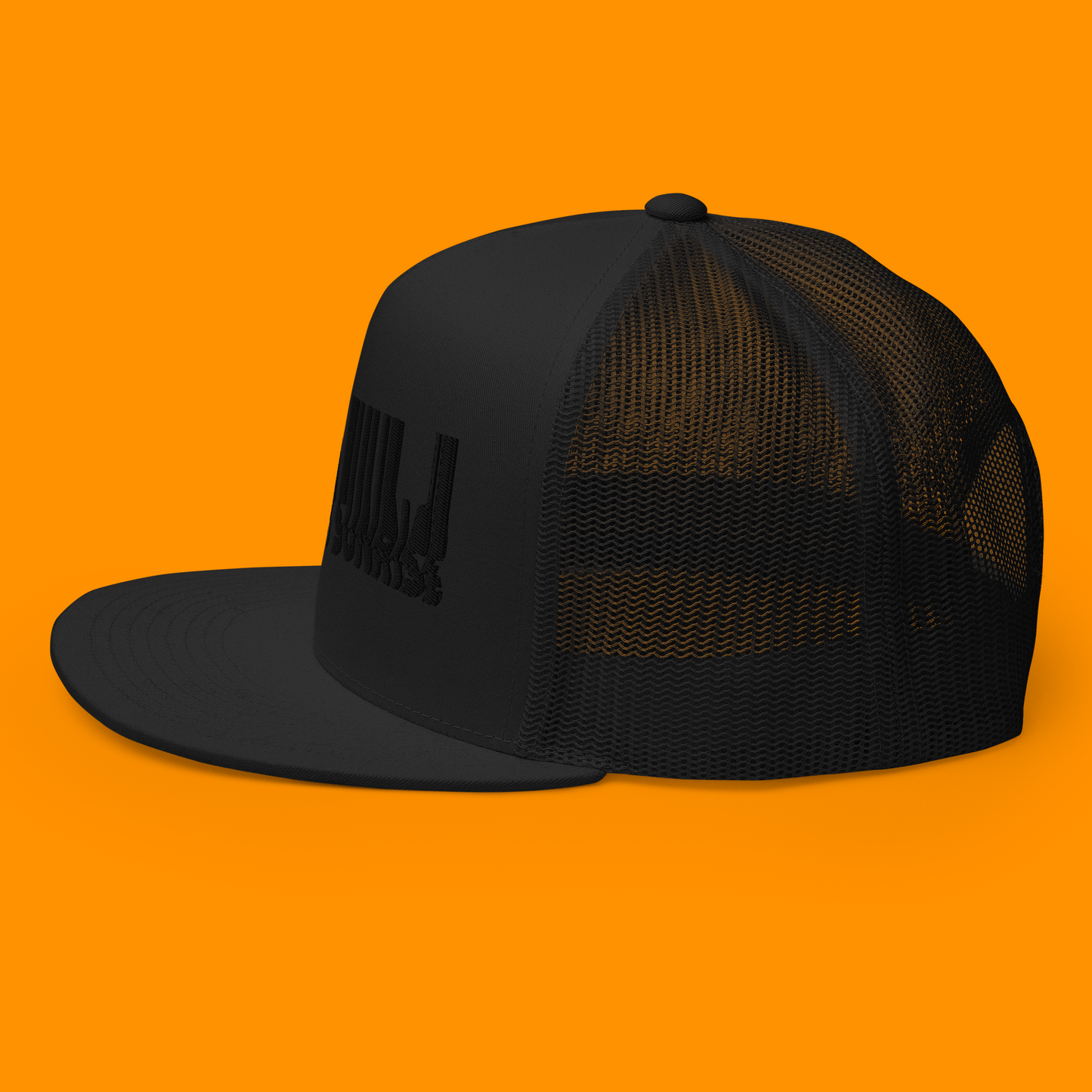 Trucker Cap, Black on Black Robot Sunrise Logo, 3D Puff