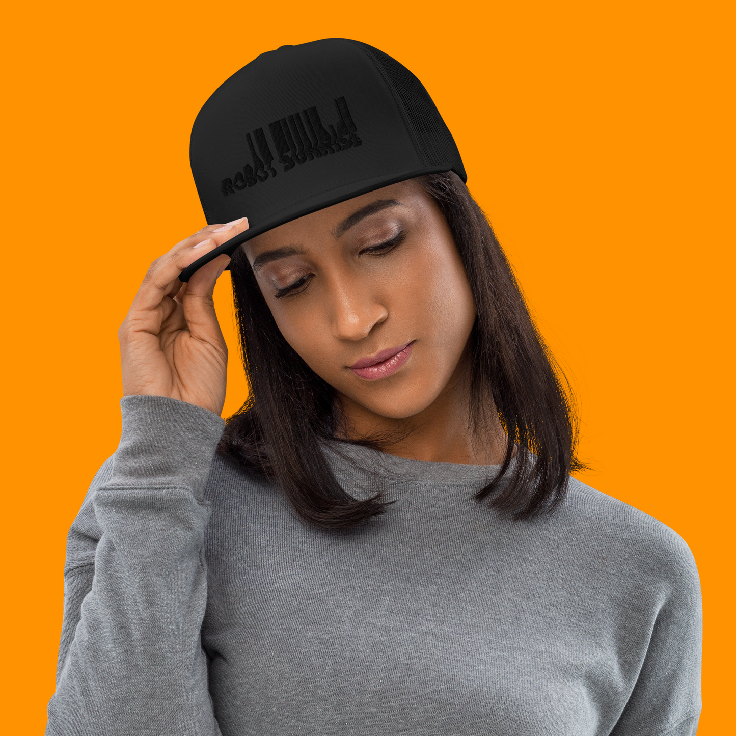 Trucker Cap, Black on Black Robot Sunrise Logo, 3D Puff
