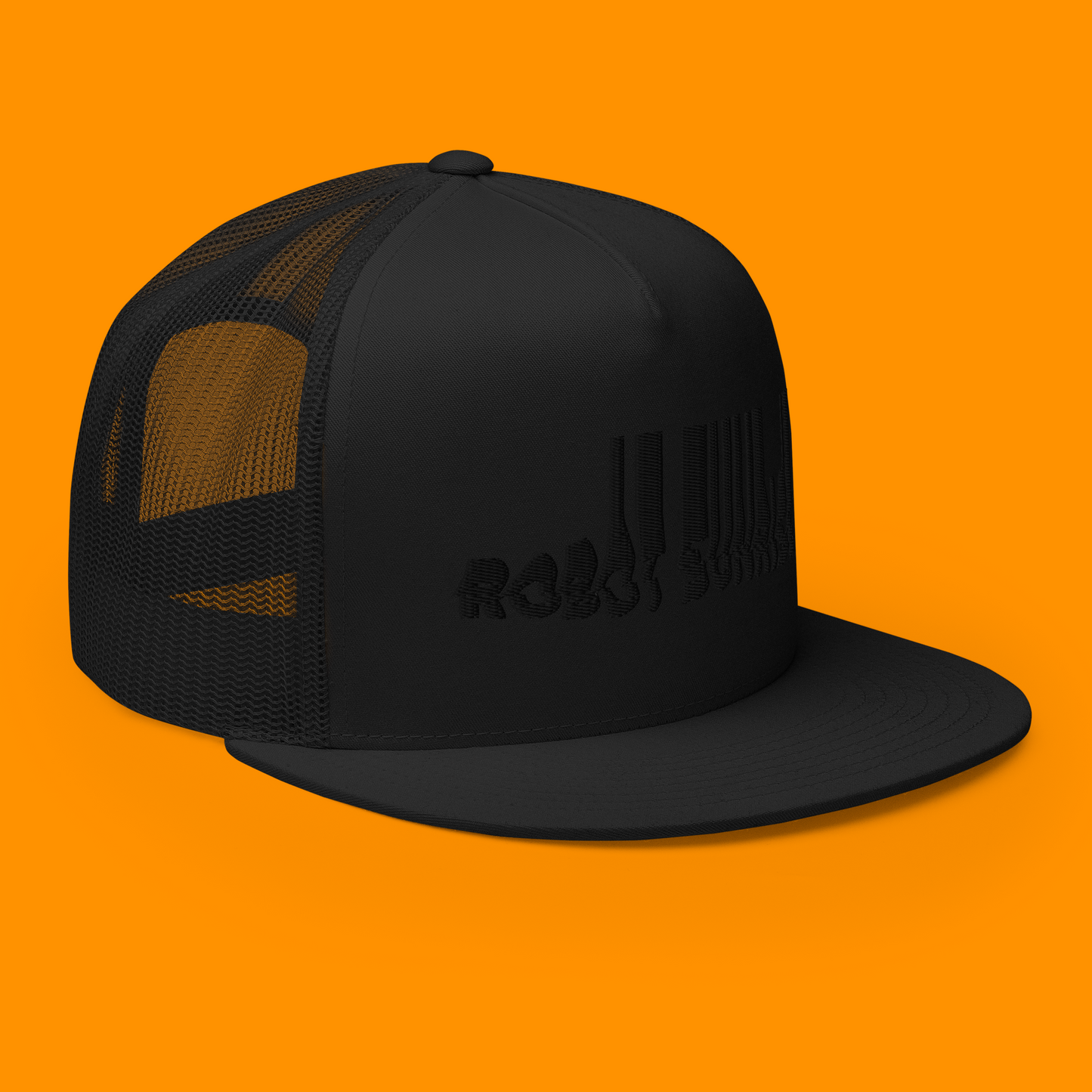 Trucker Cap, Black on Black Robot Sunrise Logo, 3D Puff