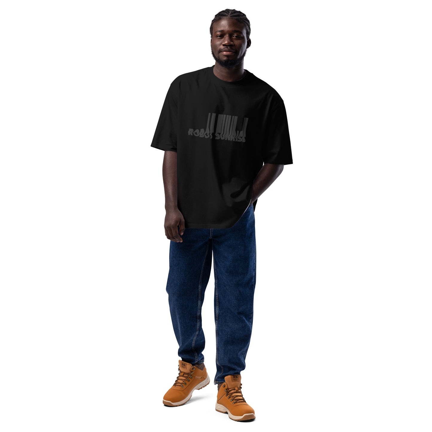 Super-Oversized Heavyweight T-Shirt, Black on Black Robot Sunrise Logo